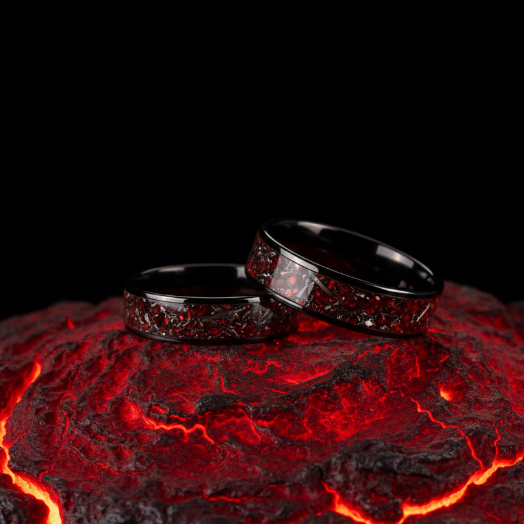 Crimson Abyss Red Opal & Meteorite Black Tungsten Ring | Saga Bands