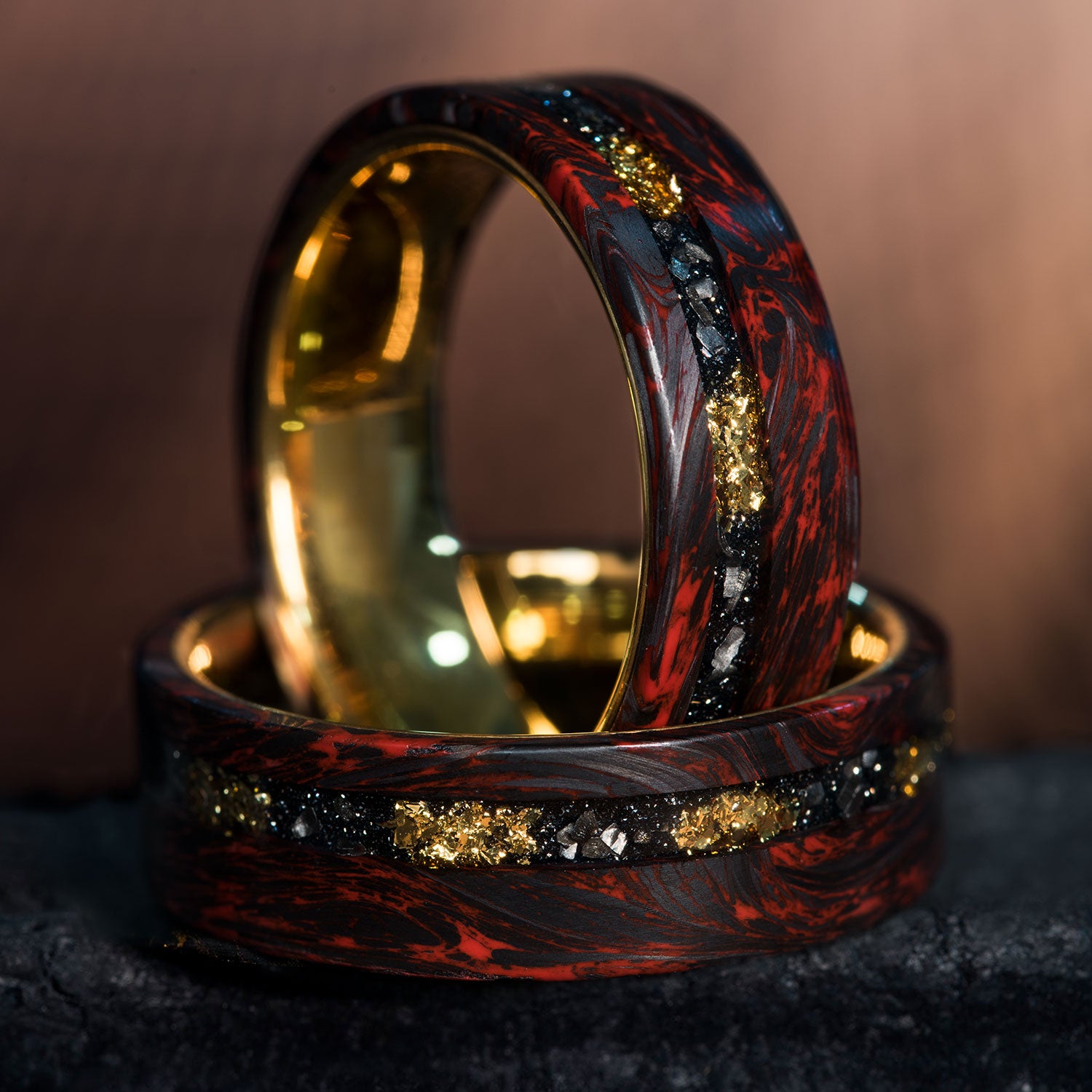 THE CRIMSON FLAME Ring | Forged Carbon, Meteorite & 22K Gold Leaf