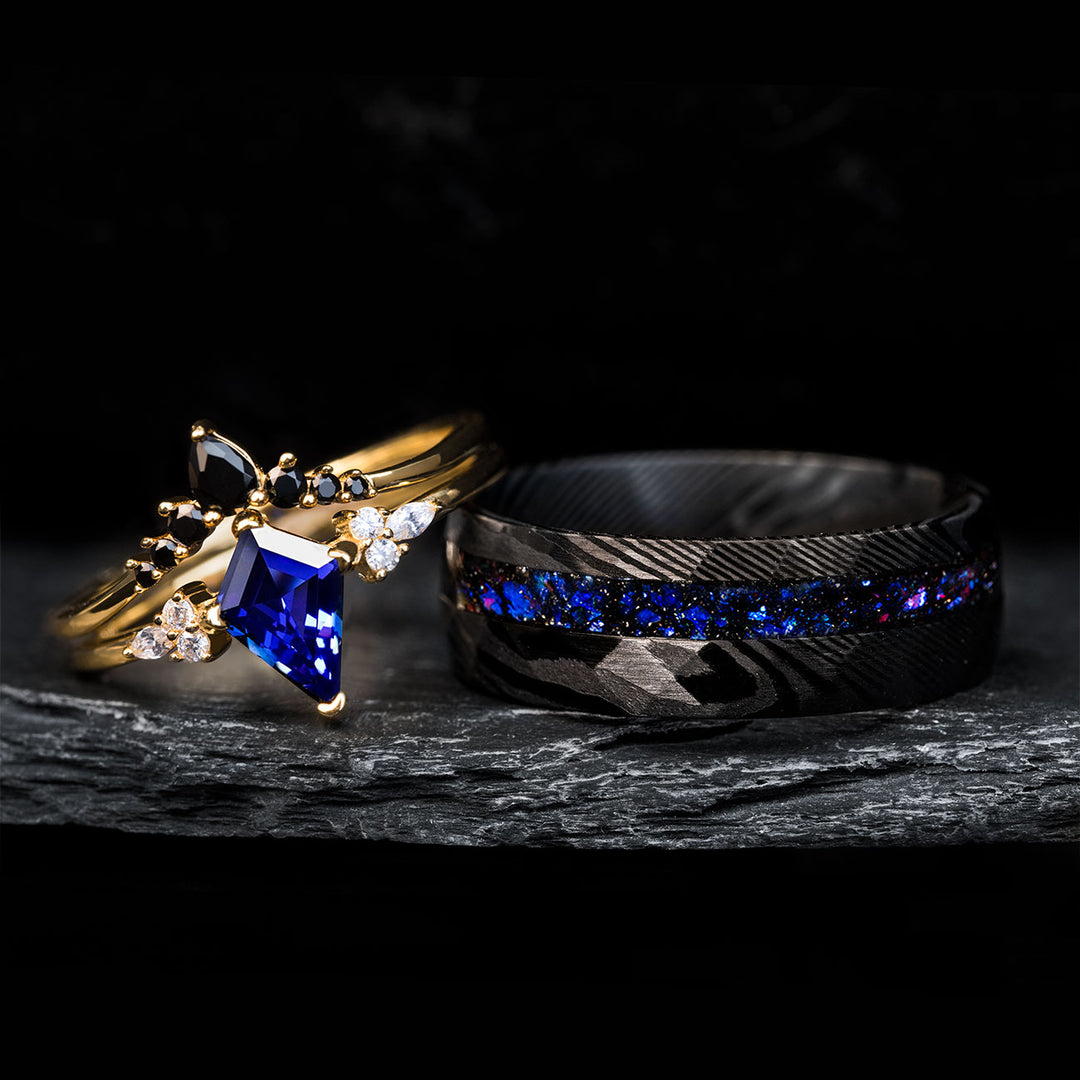 THE DARK MOON SET: Black Damascus steel ring and blue gemstone ring