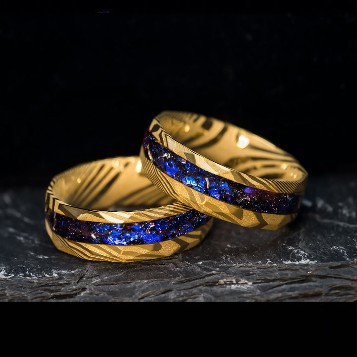 Gold Damascus steel ring with Alexandrite and Meteorite inlay