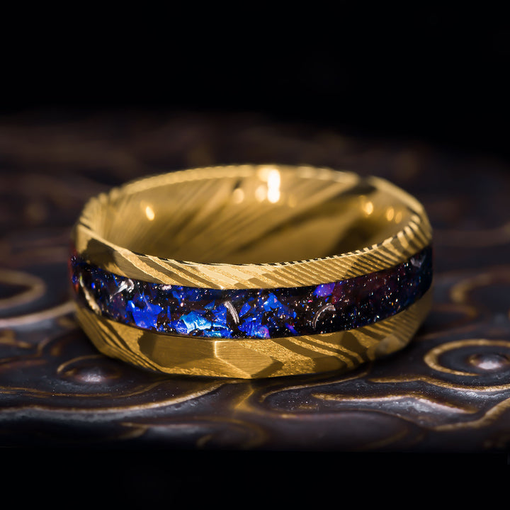 Gold Damascus steel ring with Alexandrite and Meteorite