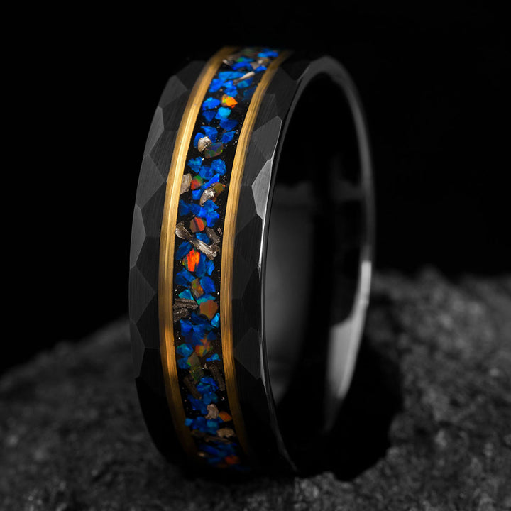 Black tungsten ring with opal, meteorite and gold accents