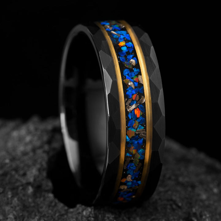 Northern Lights ring with opal, meteorite, and gold accents