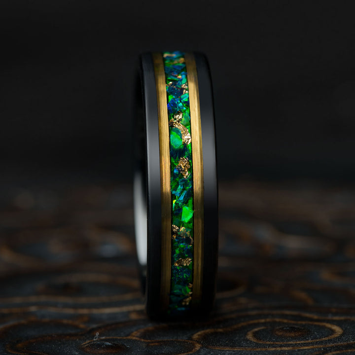 Black tungsten ring with green opal and 22k gold leaf inlay