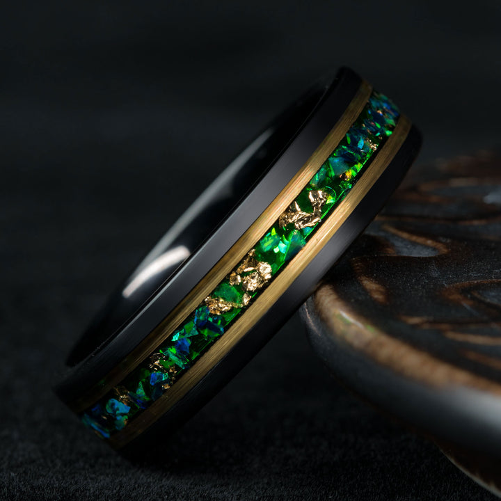 Black tungsten ring with green opal and gold leaf inlay