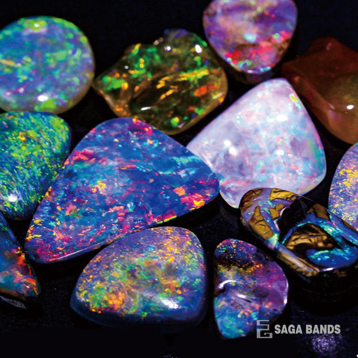 Saga Bands Black tungsten band with opal and meteorite