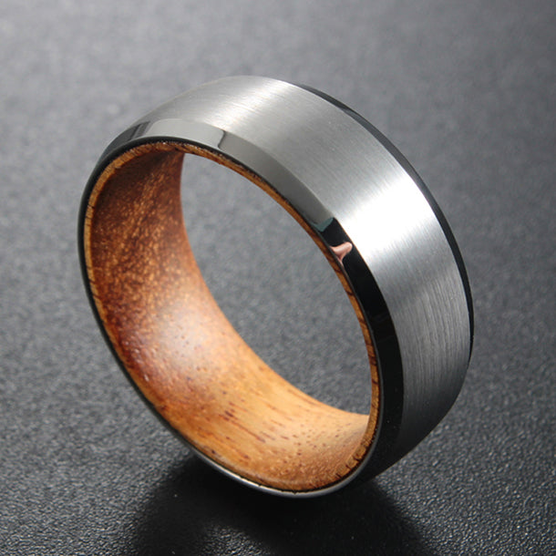 Silver tungsten ring with wood inlay for men, perfect for everyday wear and commitment.