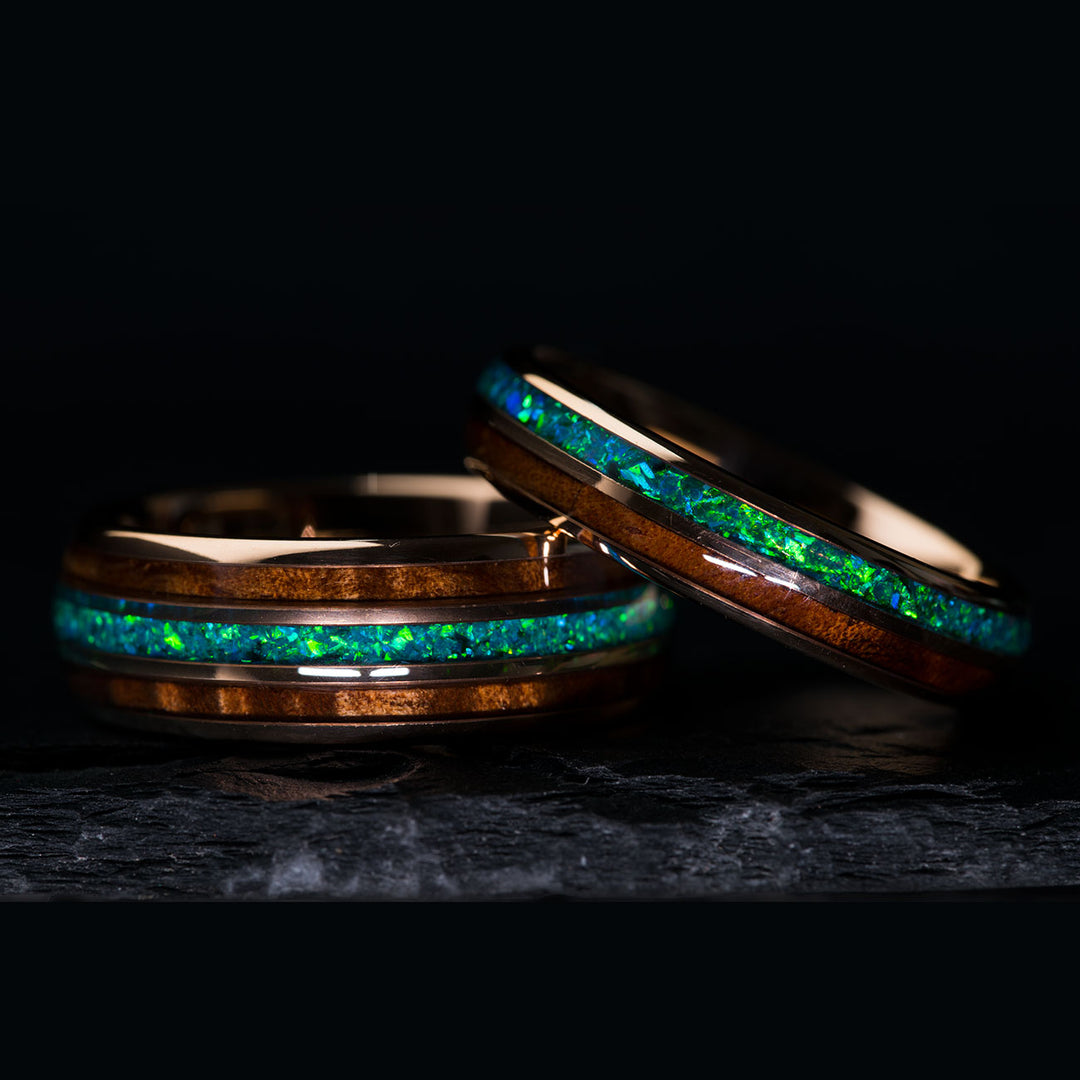 Tungsten opal and koa wood wedding ring