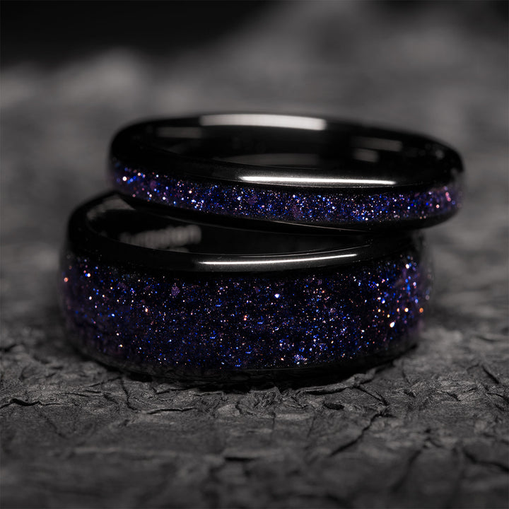 Black tungsten wedding ring with blue crushed sandstone inlay