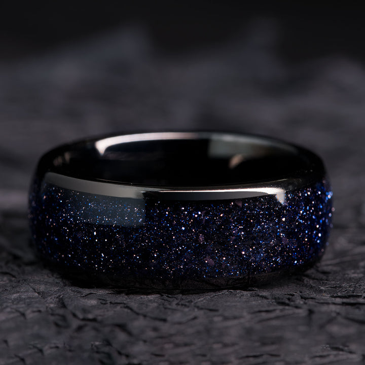 Darkstar black tungsten ring with blue sandstone inlay