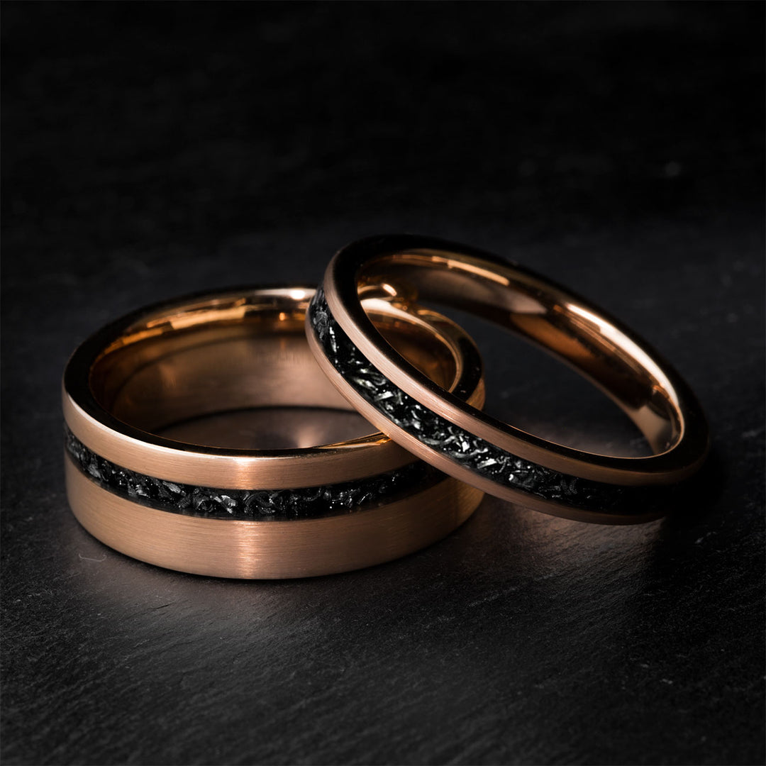 Rose gold tungsten carbide wedding ring with Gibeon Meteorite inlay