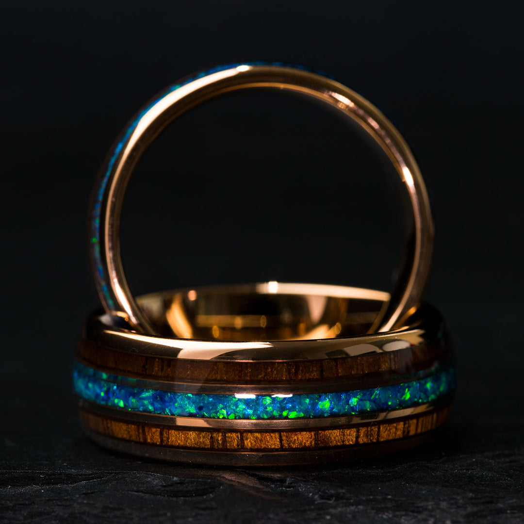 Rose gold ring with koa wood and blue opal inlay