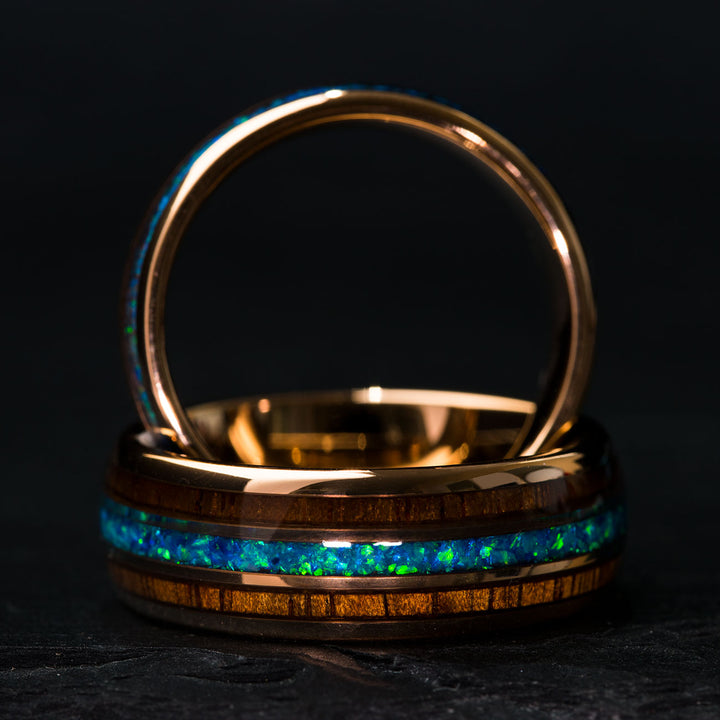 Rose gold ring with koa wood and blue opal inlay