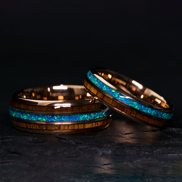 Tungsten ring with blue opal and koa wood inlays