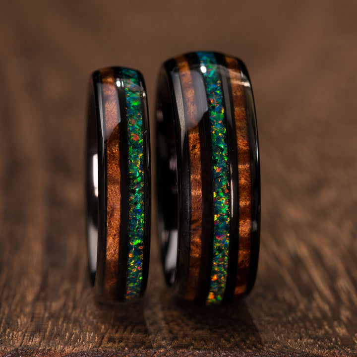 Black tungsten ring with opal and wood inlay