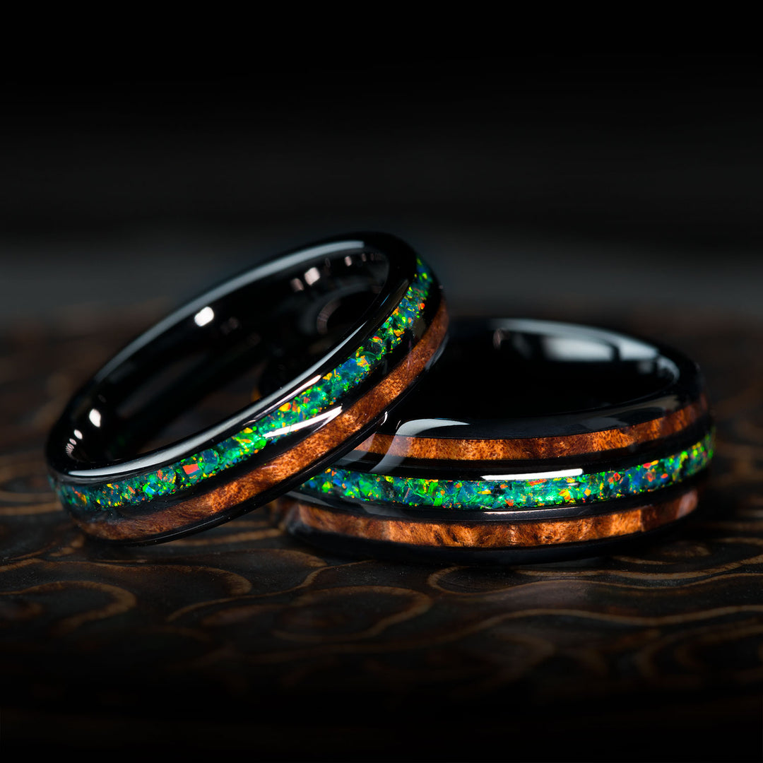 Men's tungsten wedding band with colorful Australian opals and desert ironwood