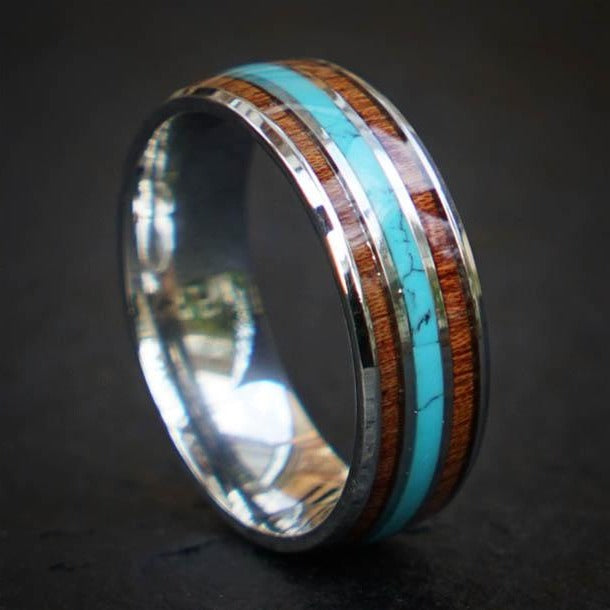 Titanium ring with redwood and turquoise inlay for men and women