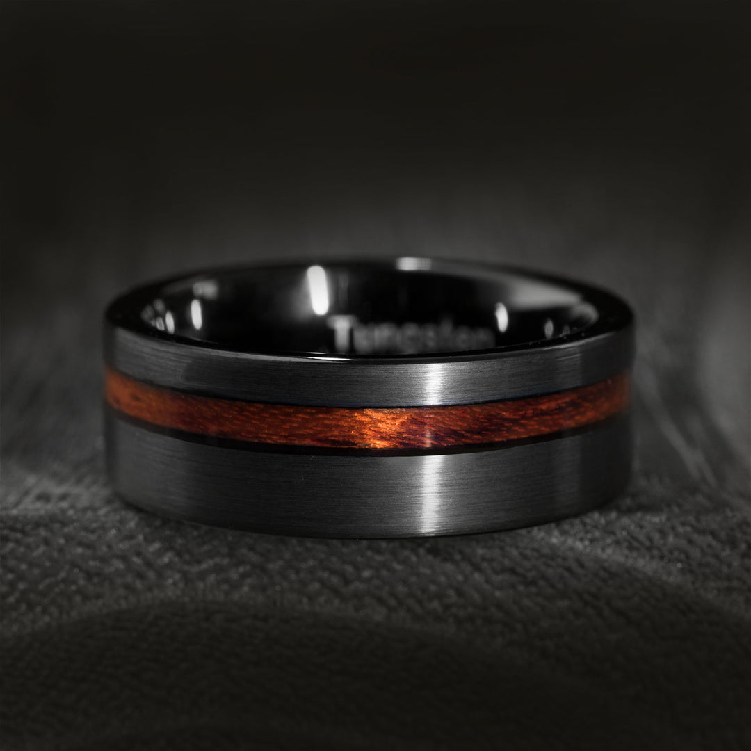Black Tungsten Ring with Koa Wood Inlay - THE JURASSIC
