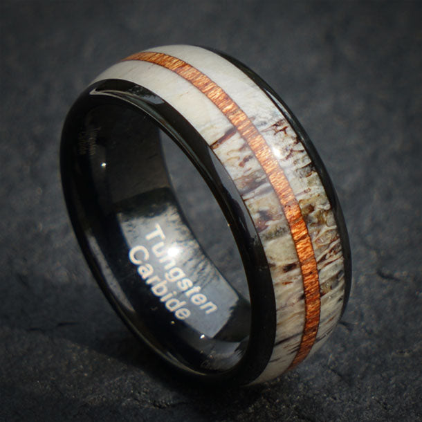 Black Tungsten Carbide Ring with Antler and Whiskey Barrel Wood Inlay
