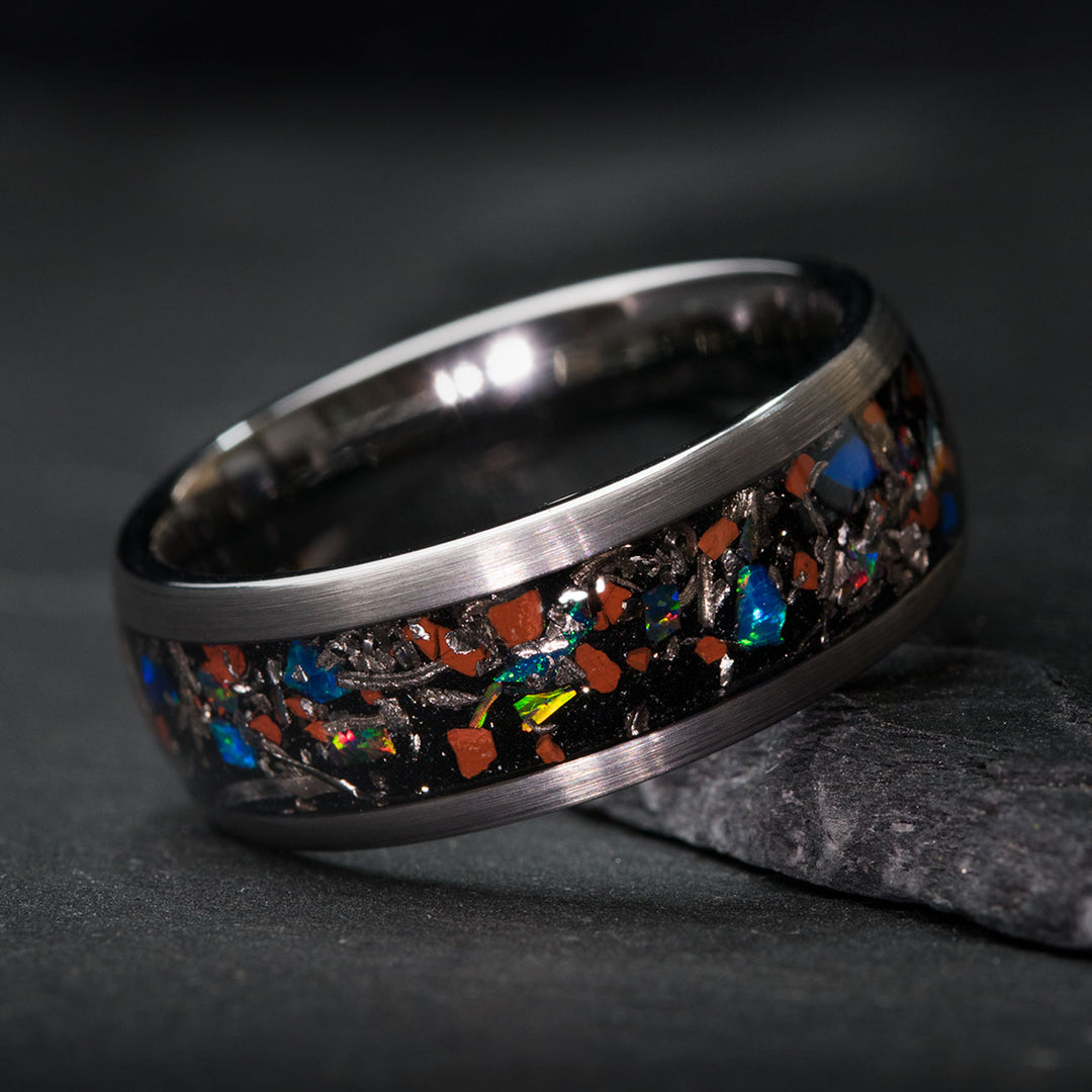 SagaBands THE LICH KING Ring featuring meteorite, T-Rex Bone and Opal inlay