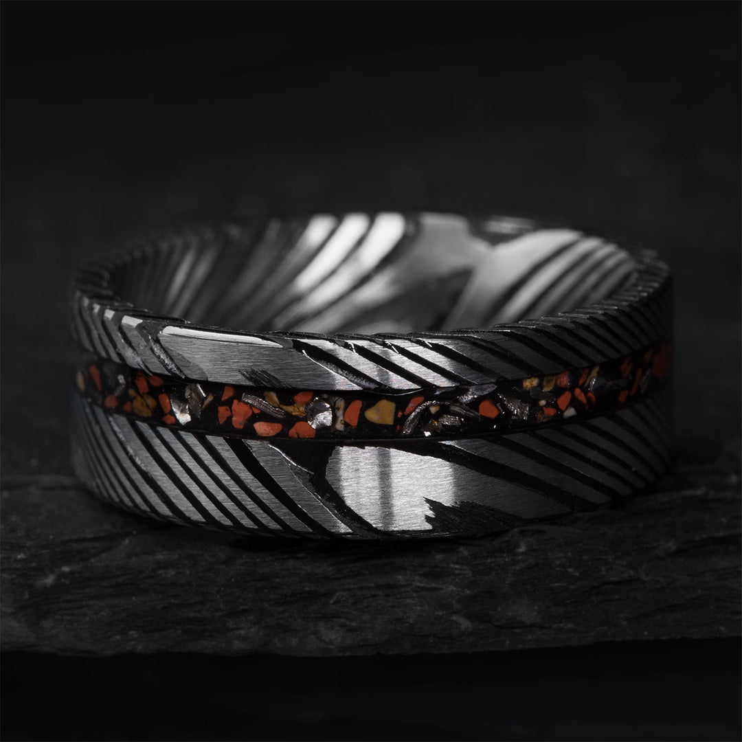 Damascus steel ring with dinosaur bone inlay - The Miracle