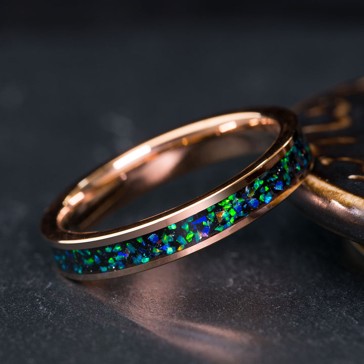 Rose gold tungsten opal ring, women's wedding band