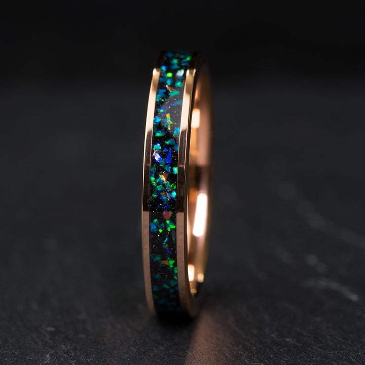 Rose gold tungsten ring with multicolor opal inlay