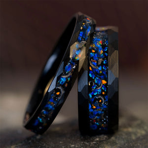 Starry Night Ring - Black Tungsten, Opal, Meteorite Fragments
