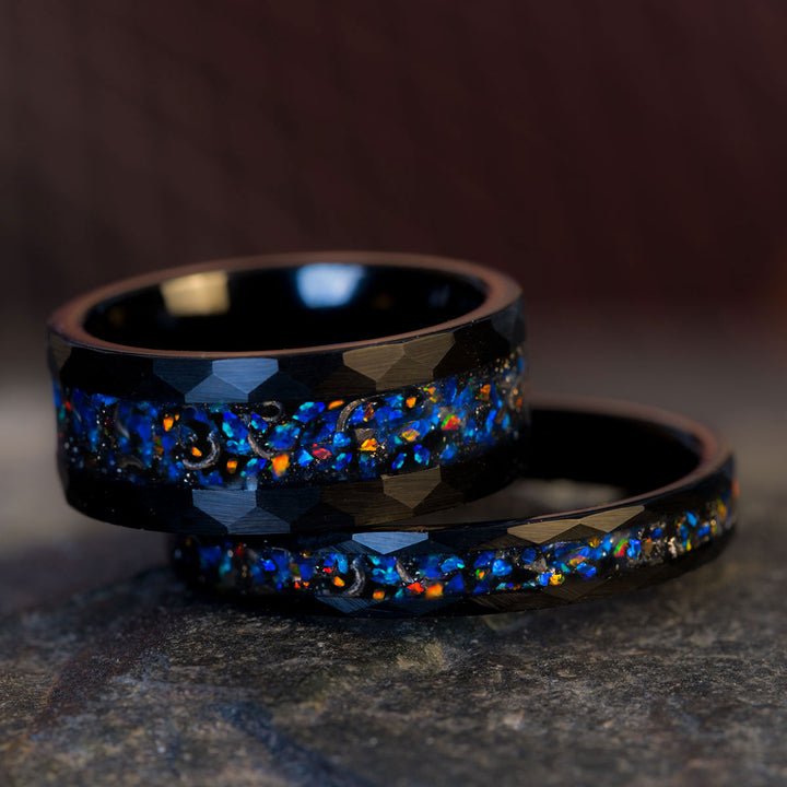 Starry Night Ring - Black Tungsten with Opal and Meteorite Inlay