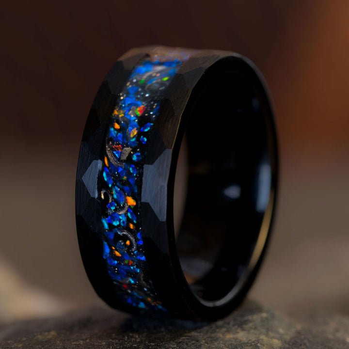 Black Tungsten Starry Night Ring with Opal Inlay