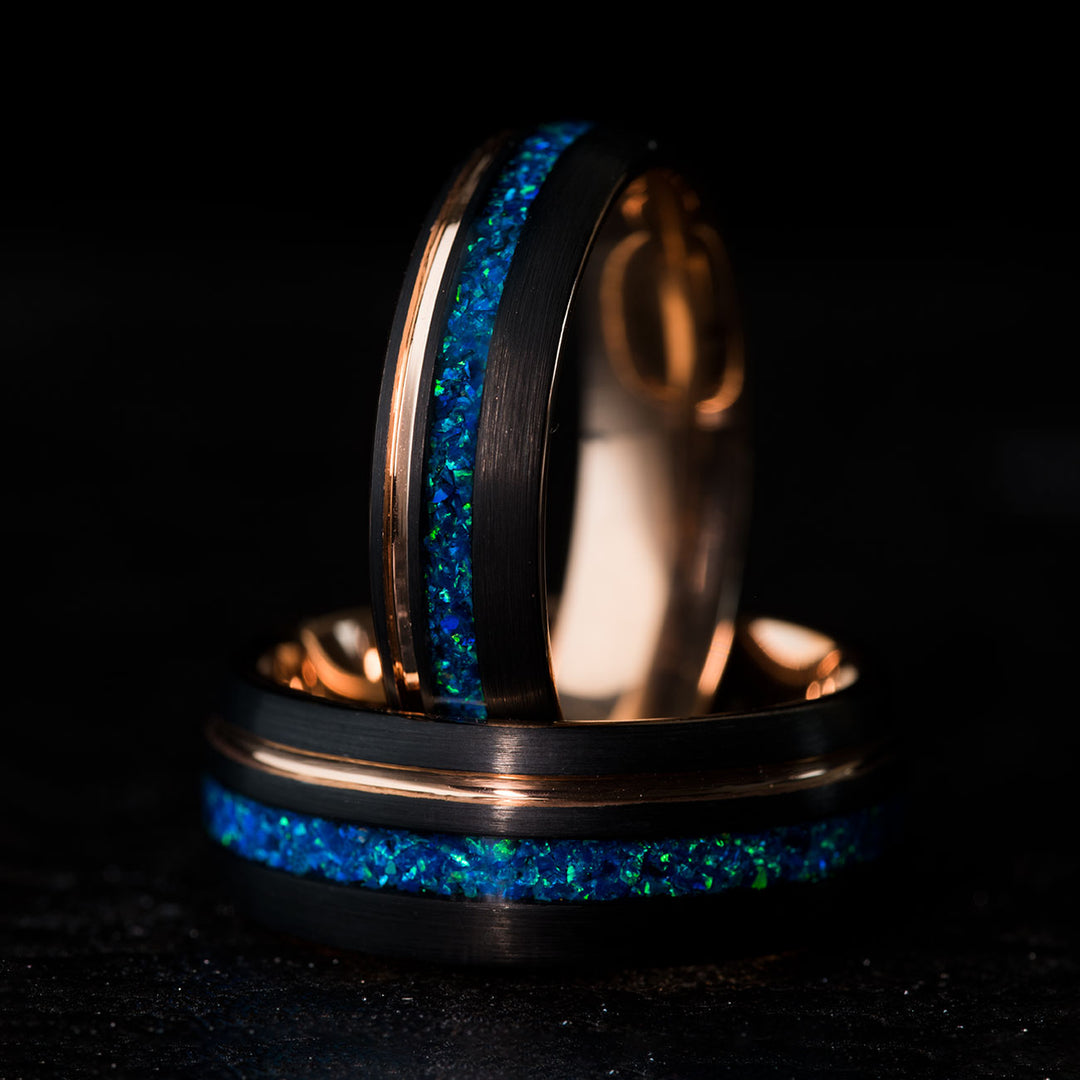 Black tungsten ring with blue opal inlay
