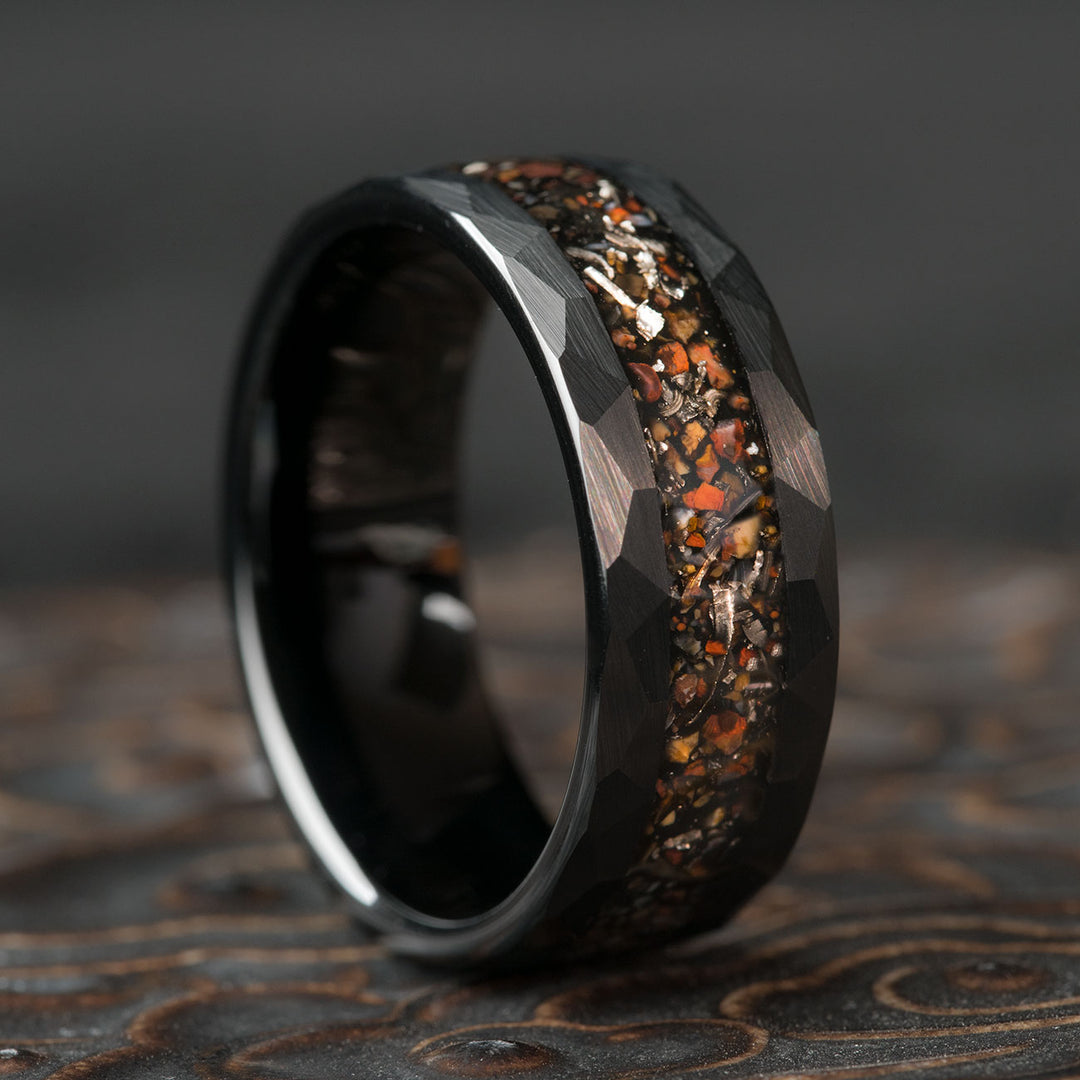 Black Hammered Tungsten Ring with T-Rex Bone and Meteorite