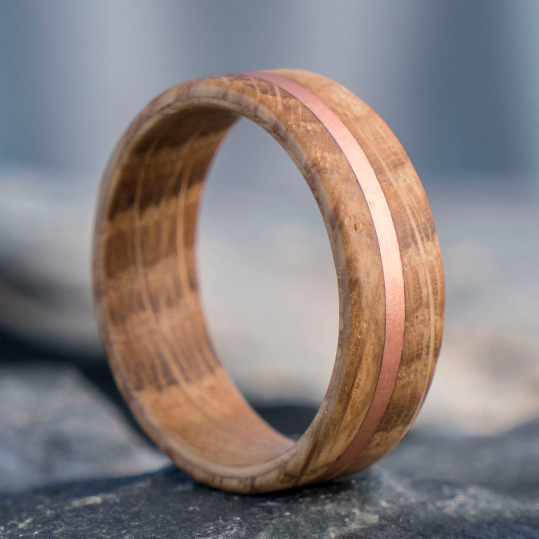 Whiskey barrel wood ring with copper inlay, handmade by SagaBands