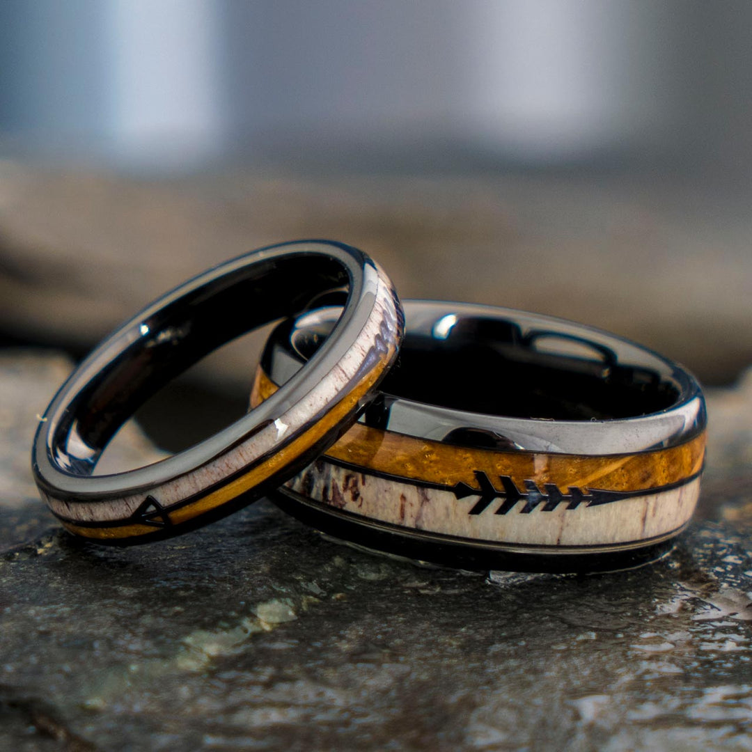 Black tungsten antler wedding rings with whiskey barrel wood inlay