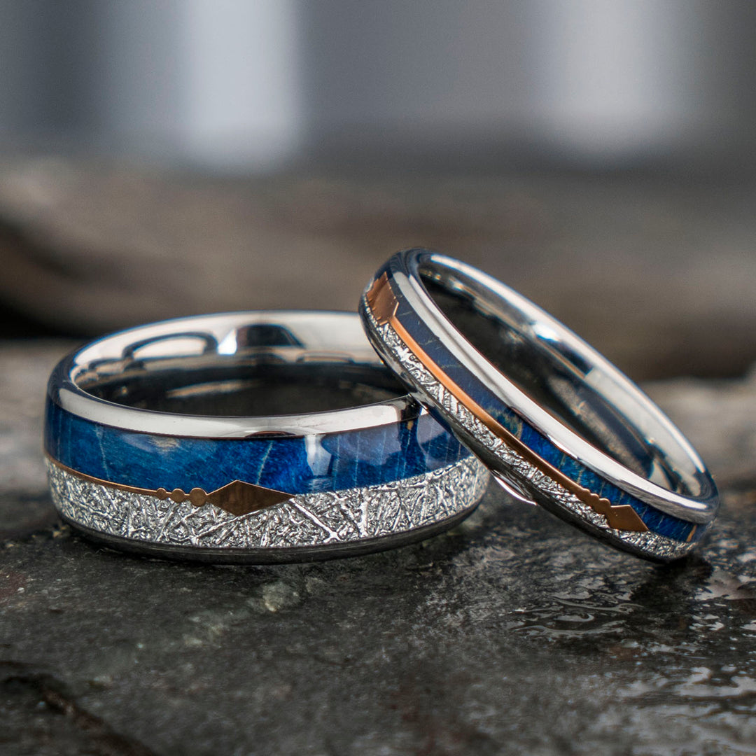 Tungsten wedding ring with meteorite, elder wood, and blue inlay - SagaBands