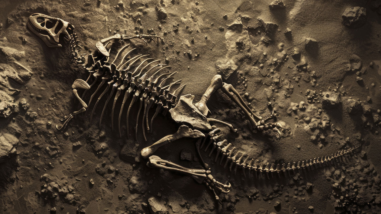 a top-down view of a fossilized Tyrannosaurus Rex skeleton. The remains are embedded in sand and rock.