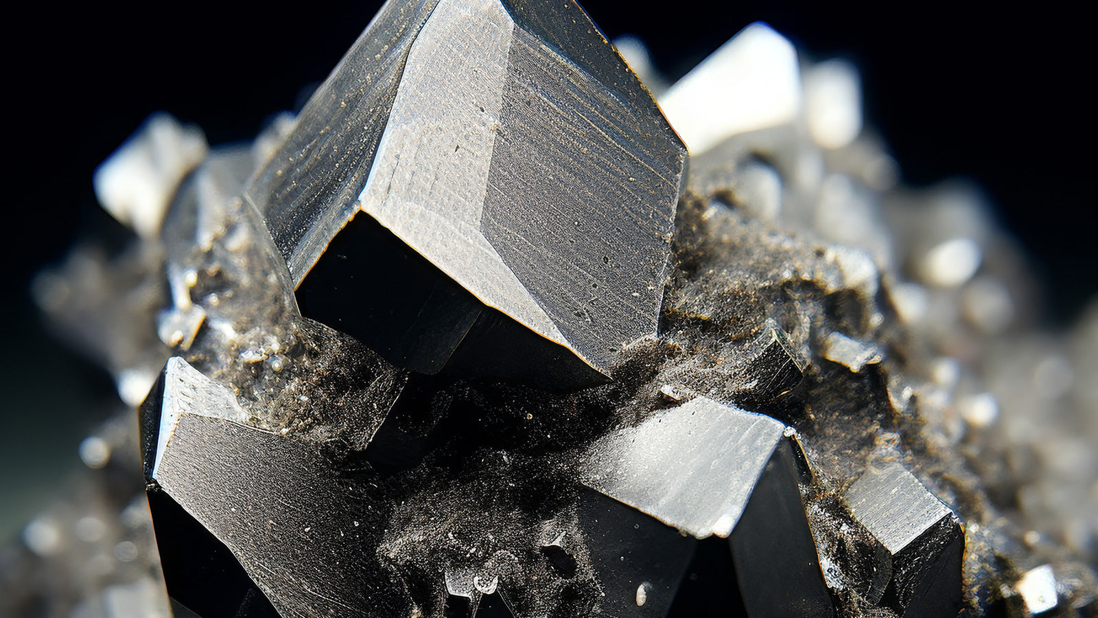 A close-up macro photograph of dark metallic hematite crystals with sharp geometric facets and silvery-gray surfaces, clustered on a mineral matrix against a black background