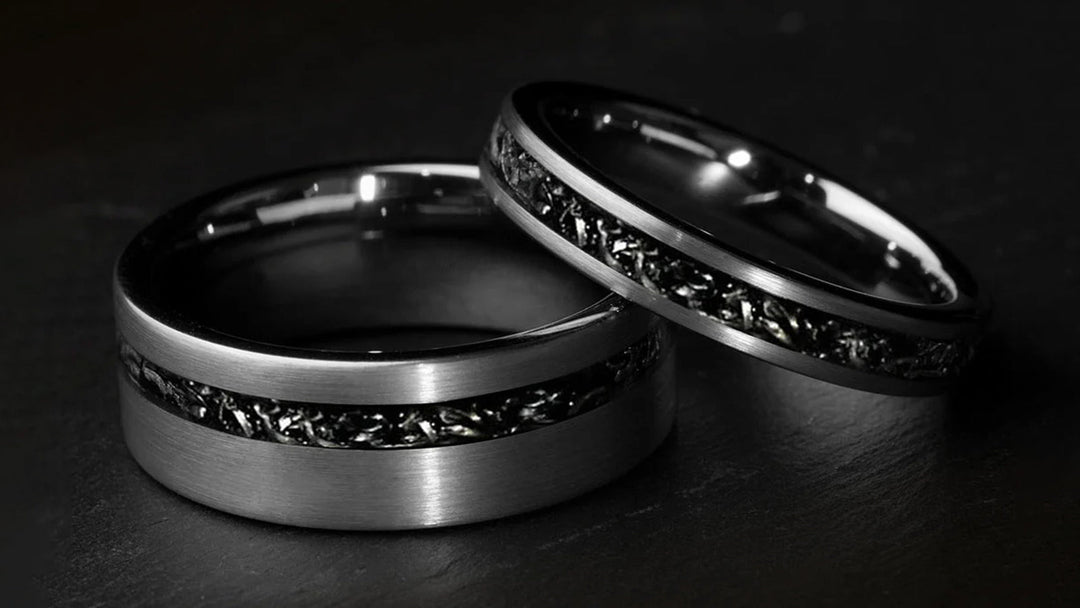 Polished tungsten carbide ring vs pure tungsten comparison showing mirror shine and jewelry craftsmanship