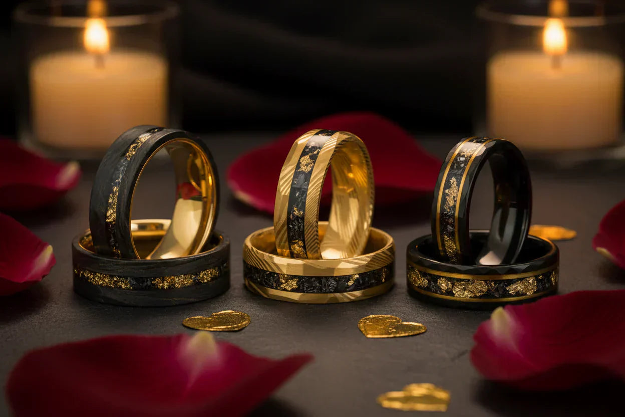 Black and gold wedding bands with gold foil inlay, candles, and rose petals