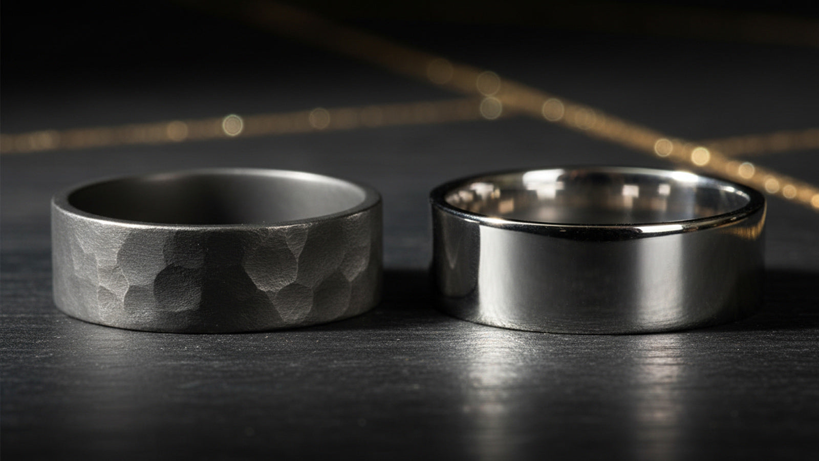 Showcasing two sagaband styles a rustic, hammered grey metal finish next to a classic, high-polish silver band