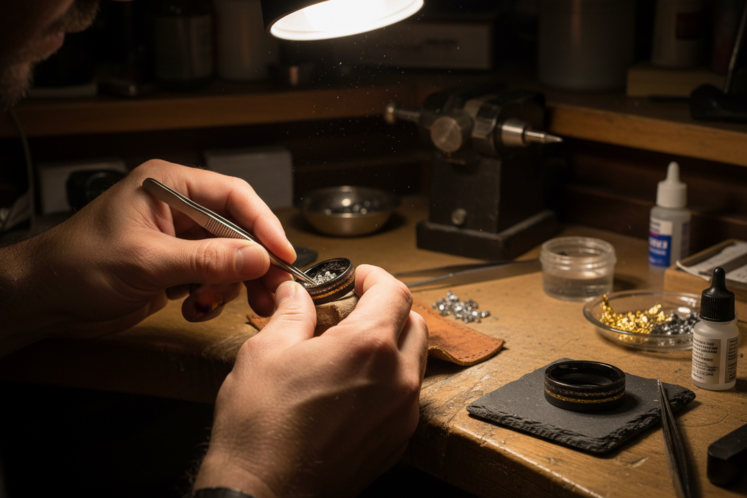 Jeweler setting details into a meteorite and gold leaf ring under a workshop lamp at a wooden bench.