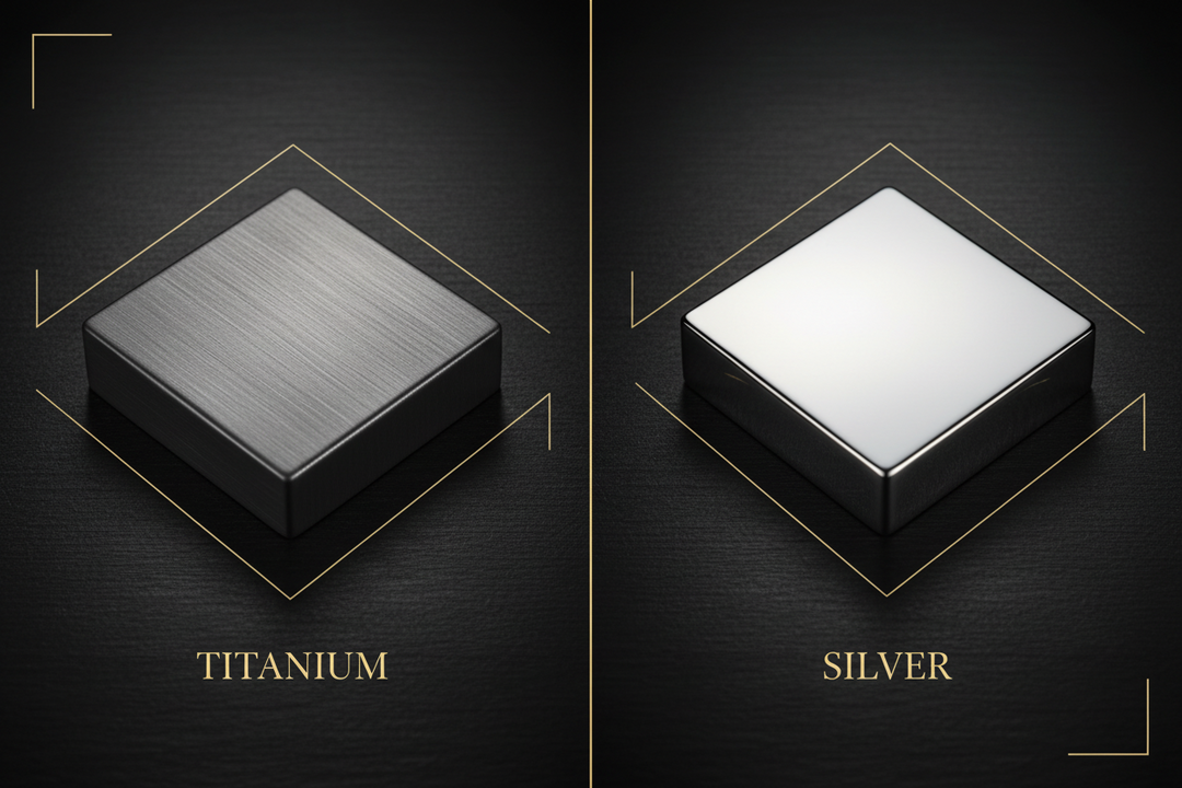 Compare a brushed Titanium cube and polished Silver block to find your perfect sagaband ring material