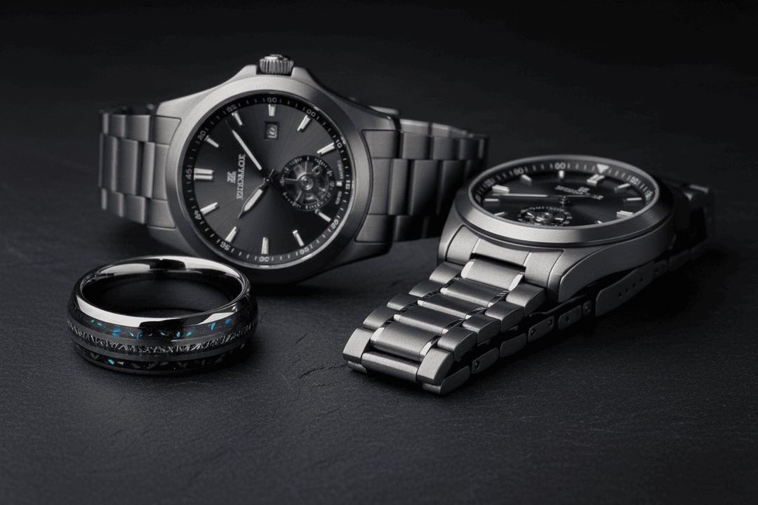 A Sagaband meteorite ring with blue accents sits next to two metallic watches on a dark surface