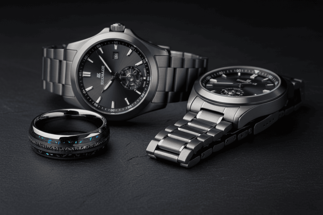 A Sagaband meteorite ring with blue accents sits next to two metallic watches on a dark surface