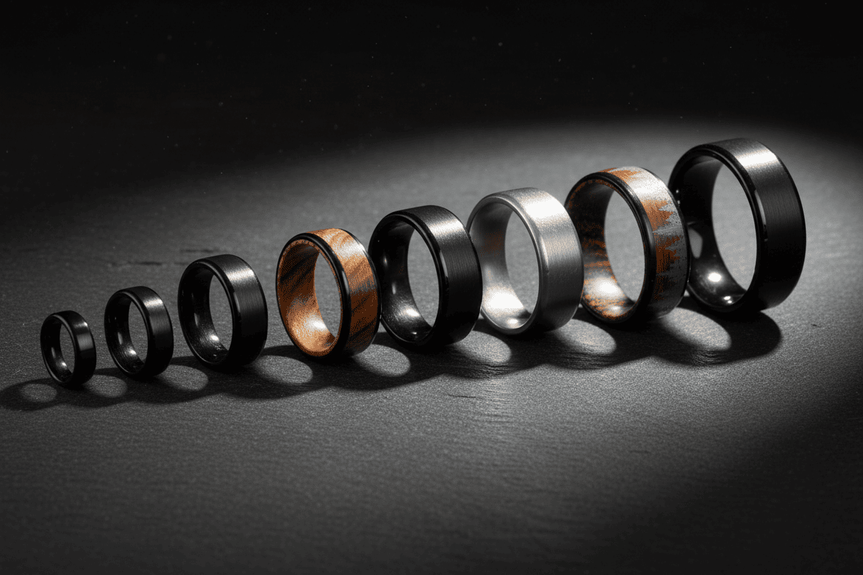 Seven Sagabands rings of increasing widths are lined up in a row on a dark slate surface under a spotlight