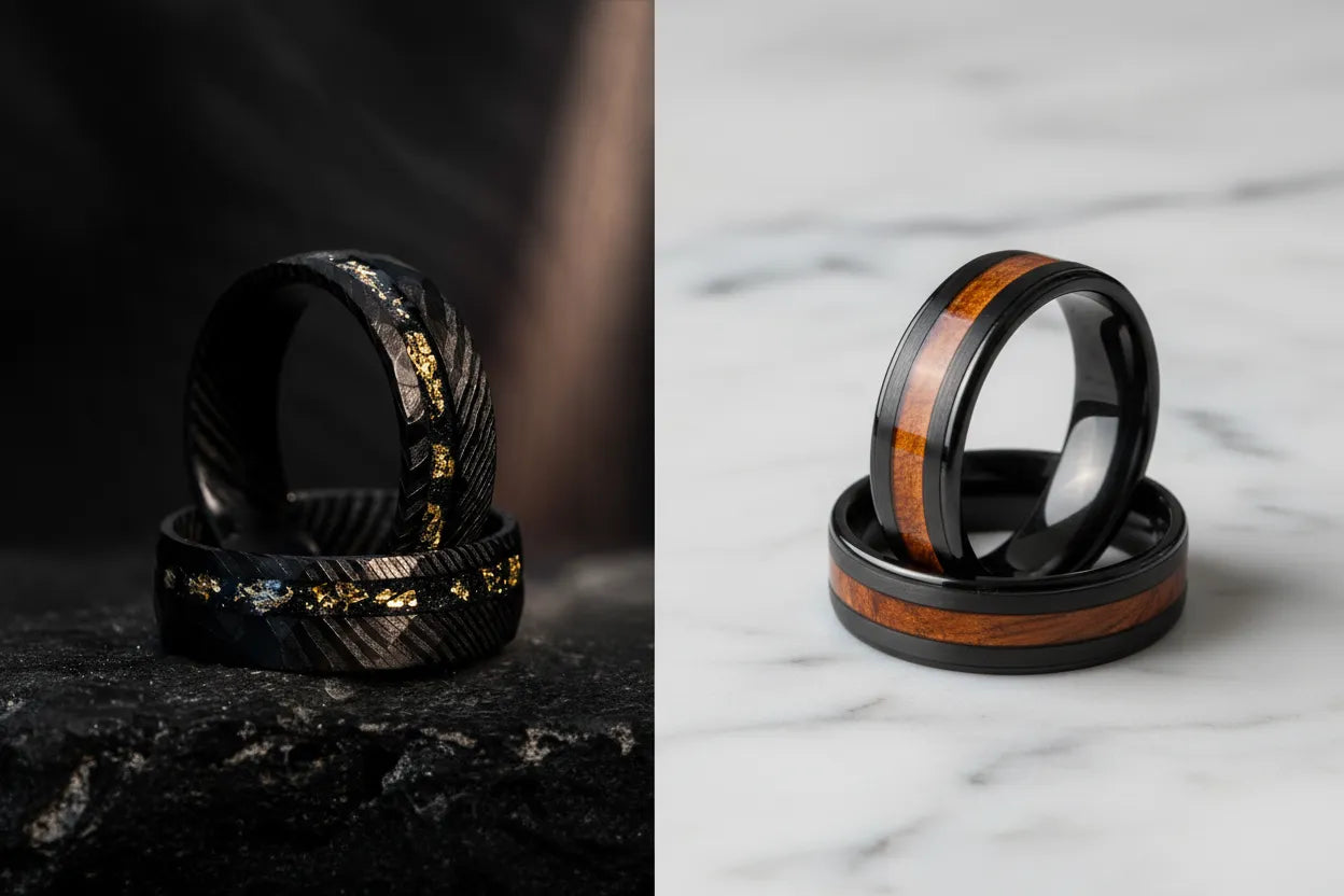 Split image of black rings: bold forged carbon with gold inlay on left, minimalist black ring with wood inlay on right.