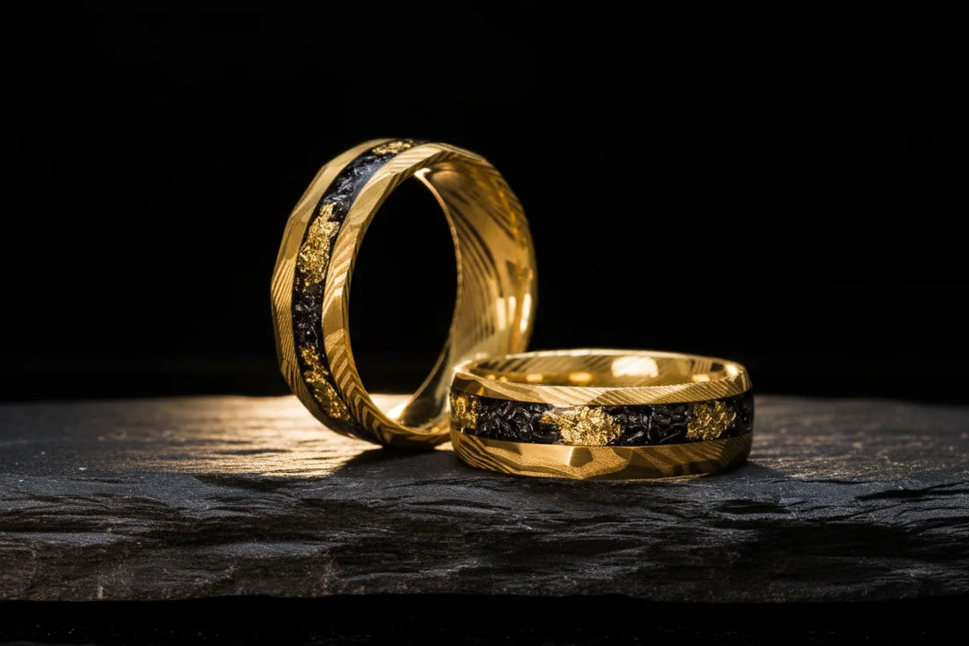 Sagabands men's wedding band on dark stone surface in editorial wide shot showing ring profile height
