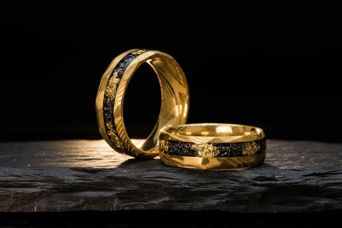 Sagabands men's wedding band on dark stone surface in editorial wide shot showing ring profile height