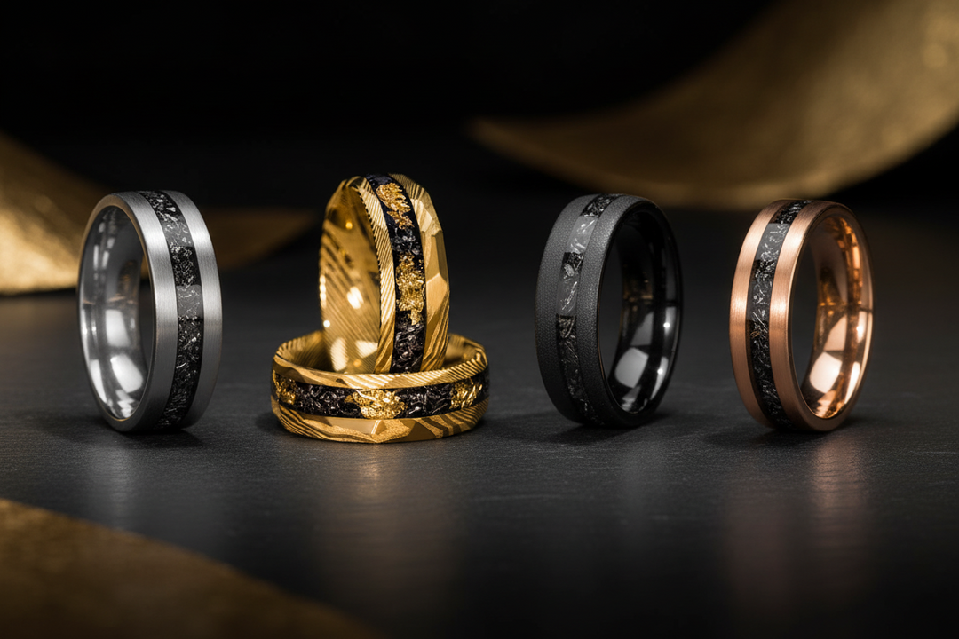 Showcase of four Sagabands luxury men's wedding bands in different finishes like gold, silver, and black.