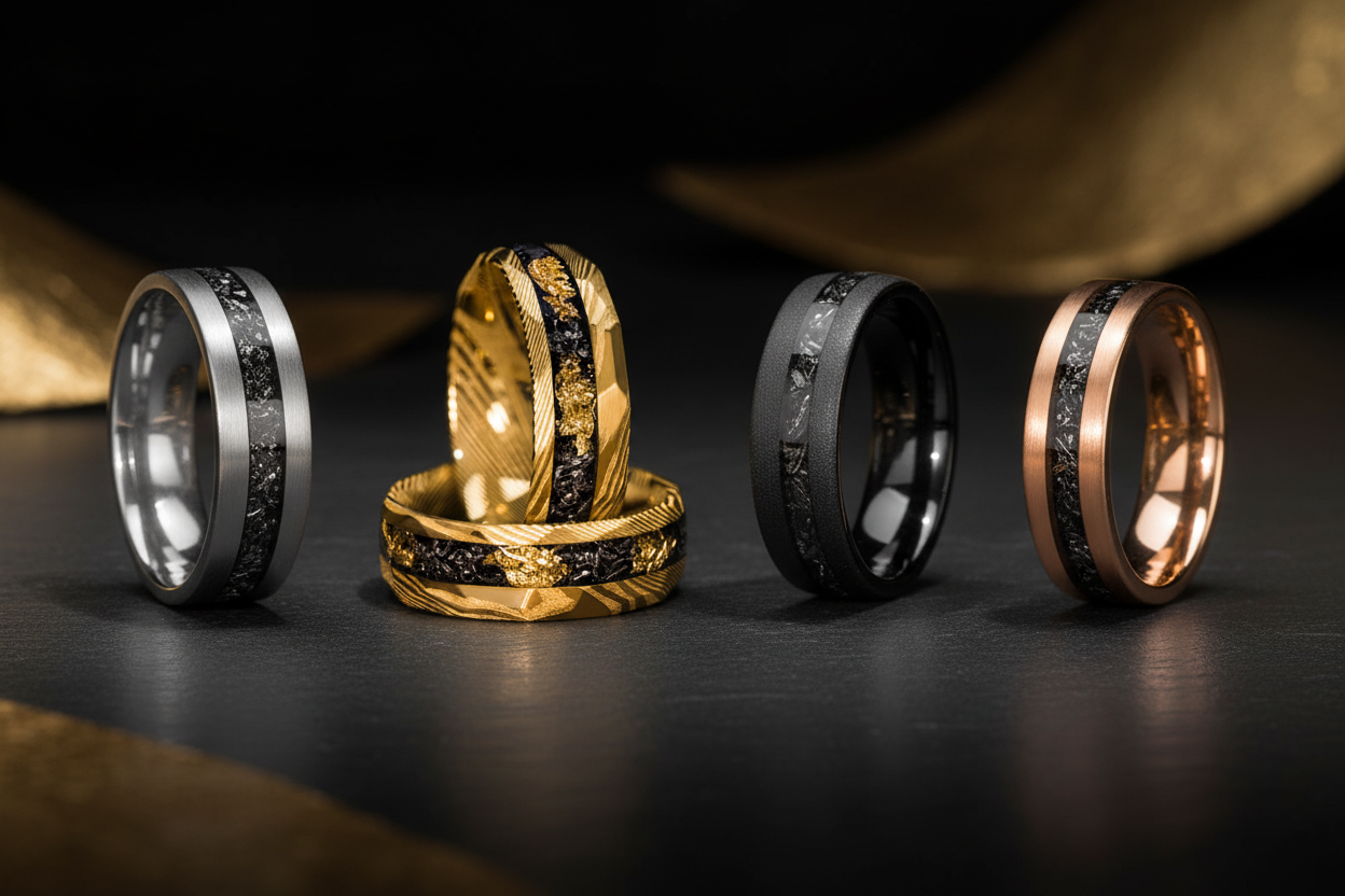 Showcase of four Sagabands luxury men's wedding bands in different finishes like gold, silver, and black.